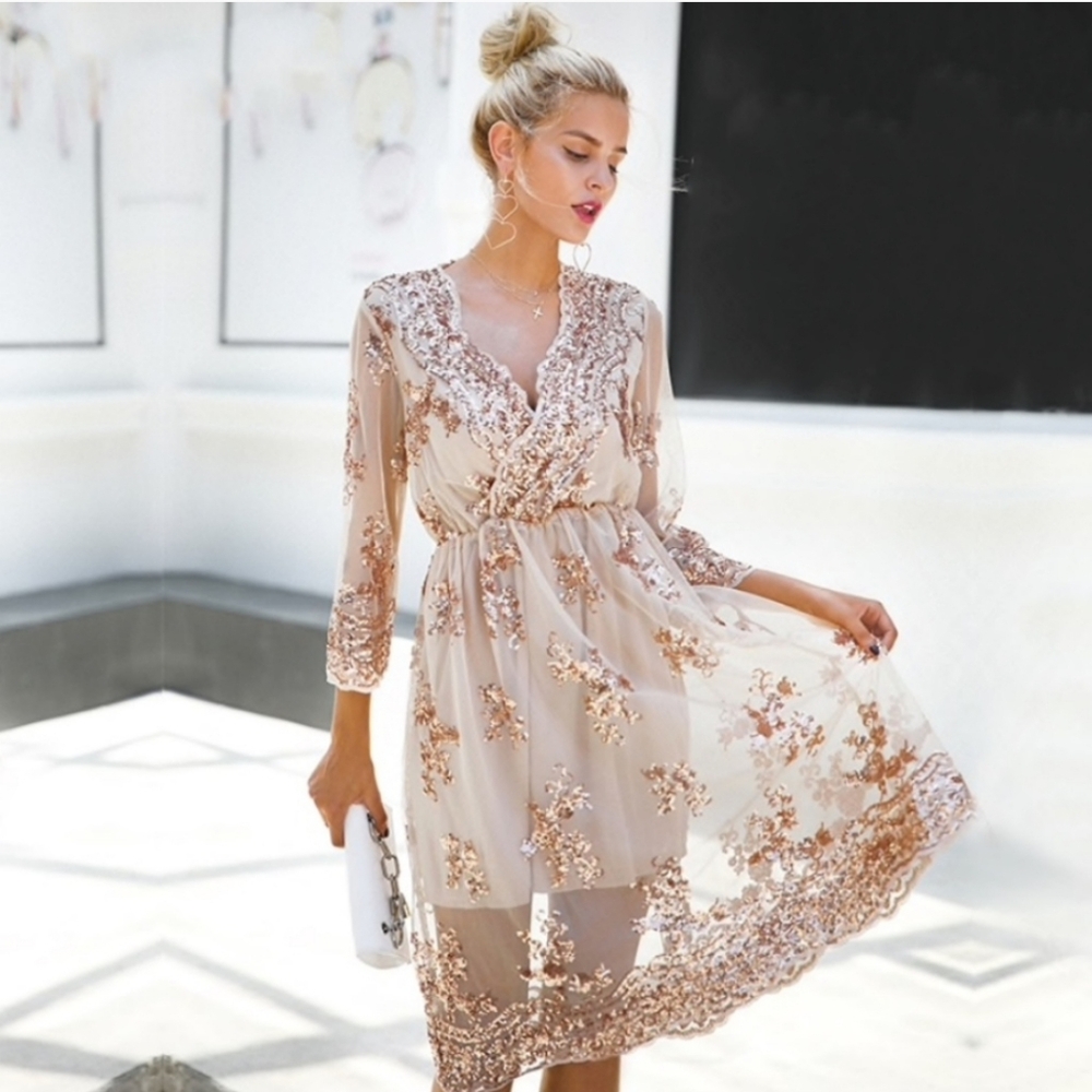 Tan Midi Vneck with rose gold sequins